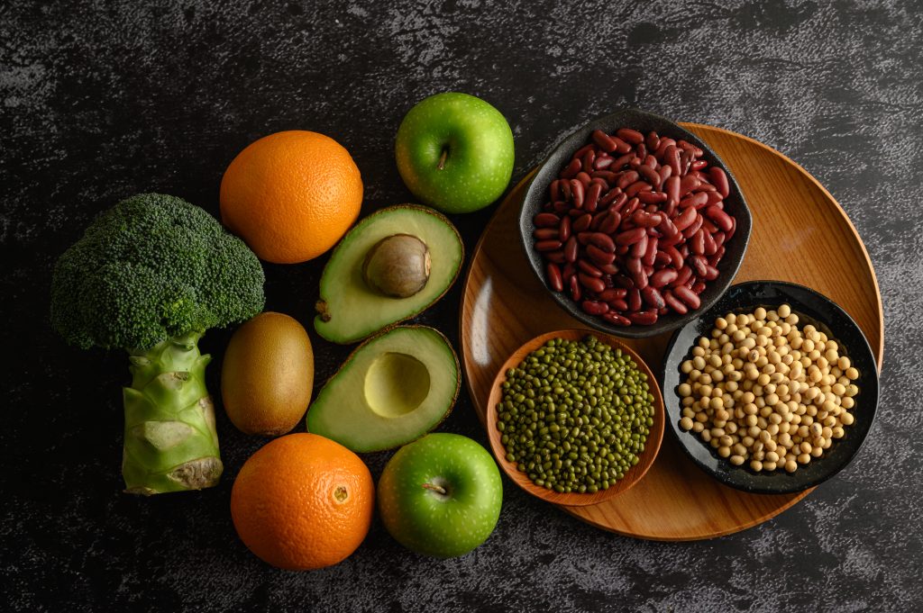 High fibre foods. Legumes, pulses, fruit, nuts and grains